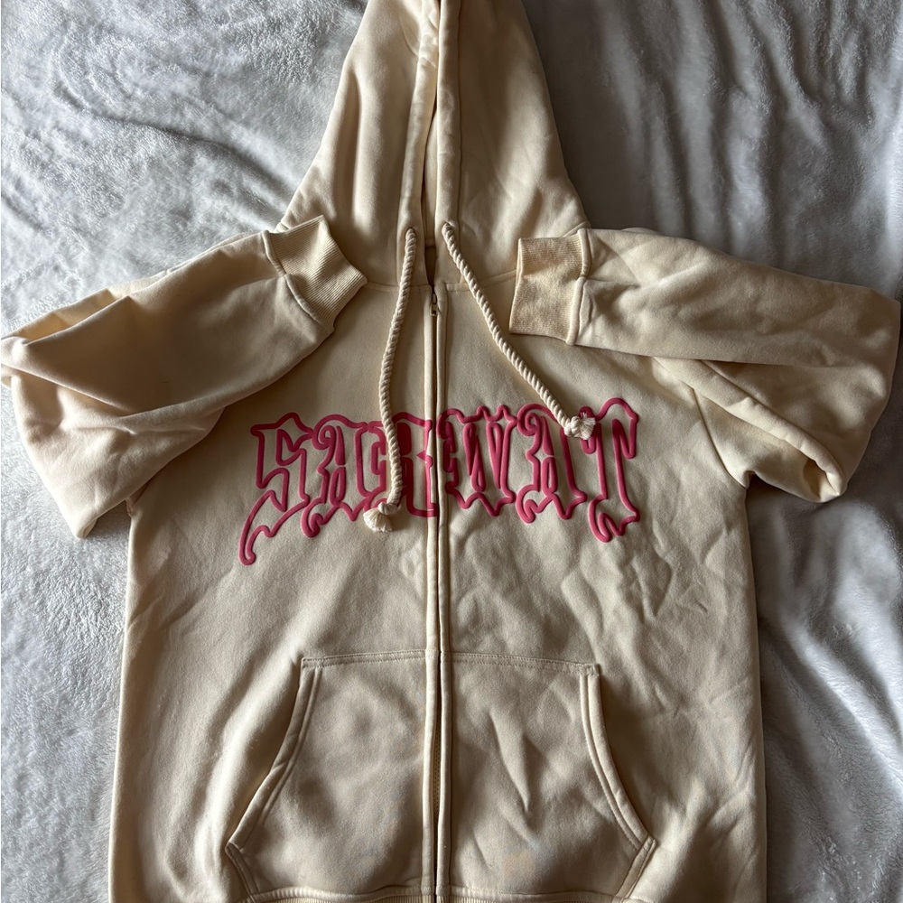Cream Hoodie with Pink Graphic
